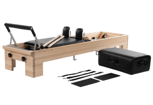 Pilates reformer with accessories: sitting box, straps, handles, poles