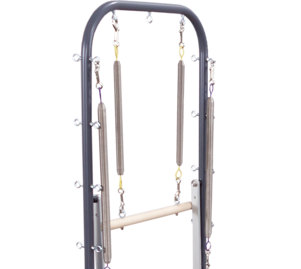 Pilates reformer tower with graphite aluminium frame and springs.